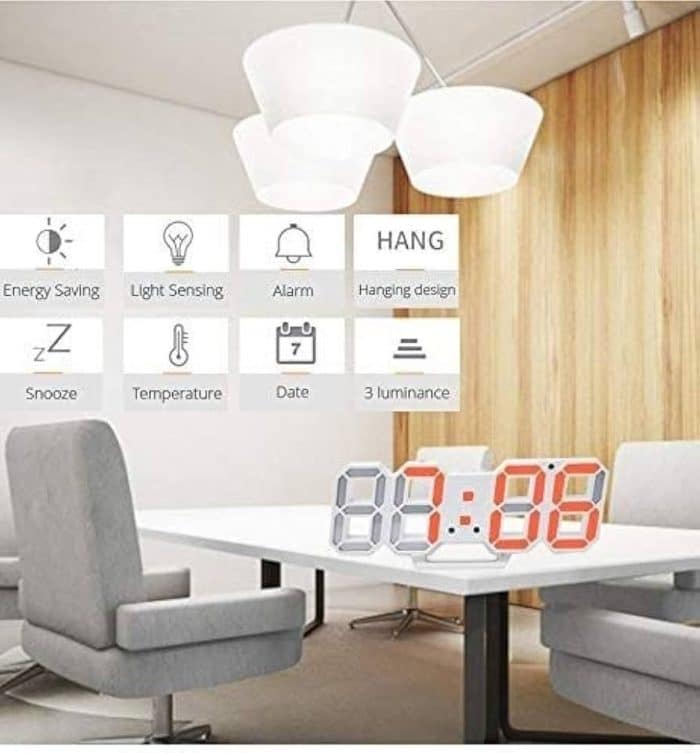 Modern DIGITAL LED wall clock with Large 9.5 Inch 3D LED Dispaly AND Alarm Clock and Snooze Function for minimalist decor, dorms, offices, or kids’ rooms. Under 3,000, low power consume, and perfect gift idea.
